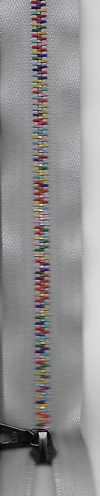 Reissverschluss, Eloxal 6 RIO, teilbar, grau mit pinkigen, orangen, goldigen, türkisen, dunkelgrünen und violetten Zacken, Col. 2102 80cm