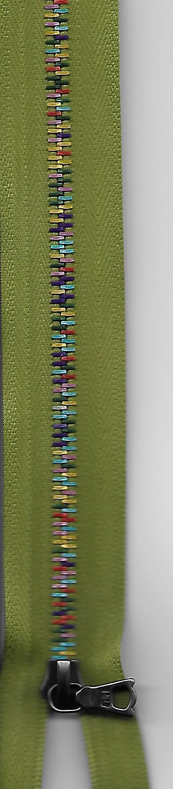 Reissverschluss, Eloxal 6 RIO, teilbar, grün mit dunkel-, hellgrünen, türiksen, goldigen, orangen, violetten Zacken, Col. 2805, 80cm