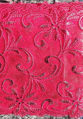 Spitzenband, Tüll pink, mit pinkiger Blumen Ornament Stickerei und silbrige Druck, Schweizer Fabrikat, 16,5 cm breit