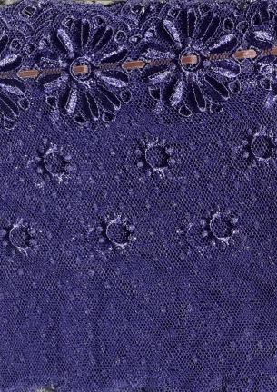 Spitzenband, Tüll dunkelblau, dunkelblauen glimmerblauen Blumen,Kreis Stickerei,Hohlmuster,hellbraunes Satinband, Schweizer Fabrikat, 18,5 cm breit