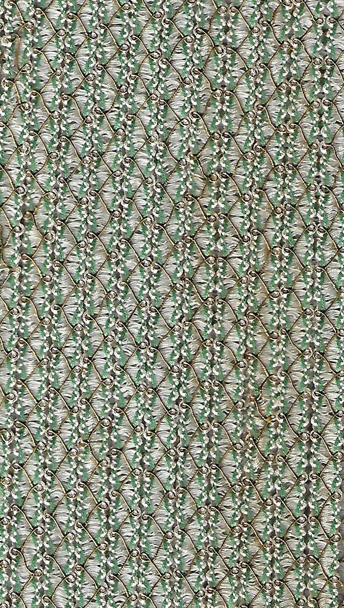 Baumwoll Zierband, ecru mit hellgrünen Linien und goldigen Zickzackstichen