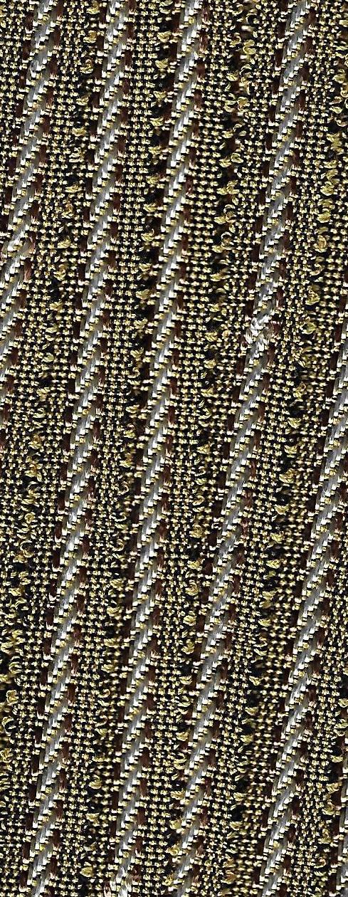 Baumwoll Zierband, gold und schwarz gewoben mit weiss und rostfarbigen Zierstichen
