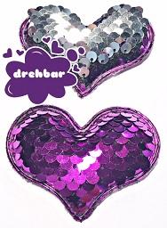 Motiv Herz, drehbare Pailetten, zum Aufnähen, 64x74mm, hinten silber, vorne violett