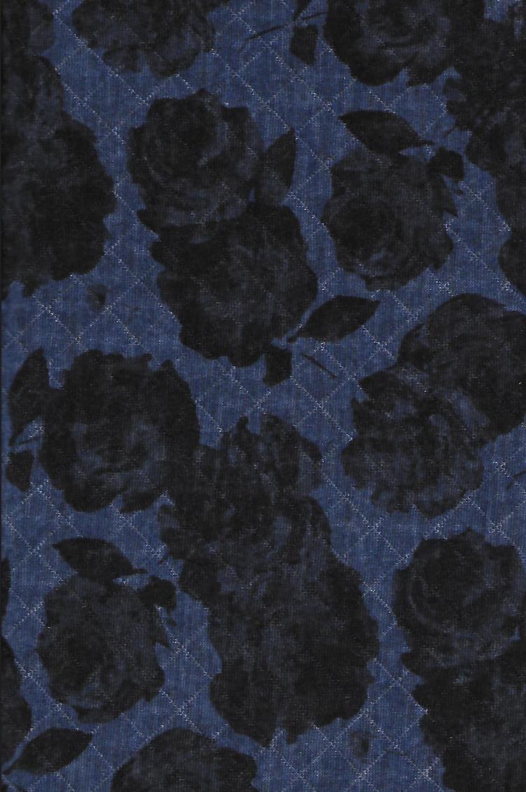 Strick, Jacquard Jersey, blau mit schwarz/blauen Rosen, abgestept, 65 % Polyester, 35 % Baumwolle