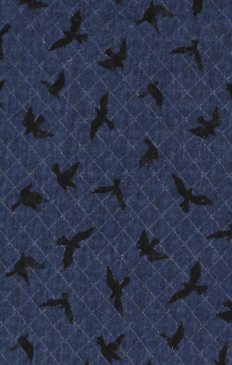 Strick, Jacquard Jersey, blau mit schwarzen Vogeln, abgestept, 65 % Polyester, 35 % Baumwolle