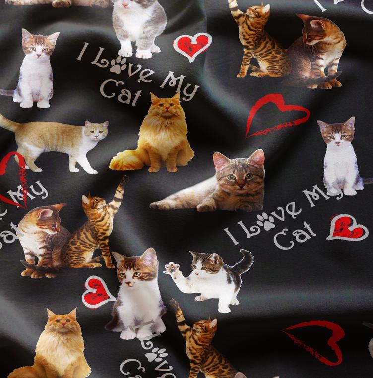 Viscose, schwarz mit weiss, grau, beige, braunen Katzen und I love my cat Schrift, 65 % Viscose, 35 % Wolle