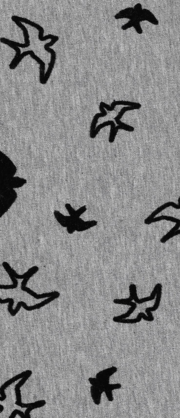 Sweat, grau mit schwarzen Vögel, Flock print, 95 % Baumwolle, 5 % Elasthan