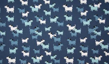 Jersey, dunkelblau mit weissen, hell- und blauen Hunden, 95 % Baumwolle, 5 % Elasthan