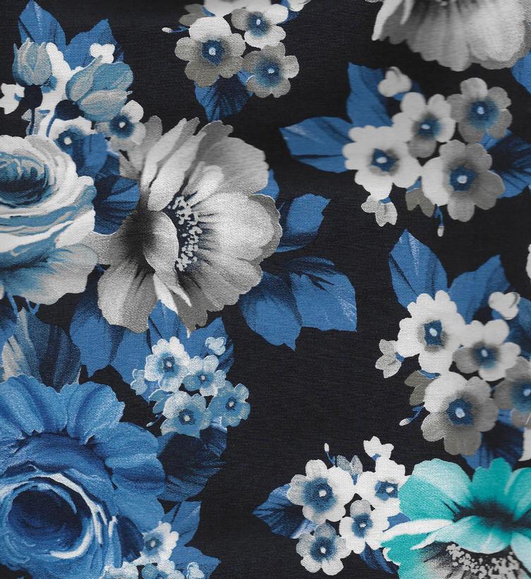 Baumwolle, elastisch, blau mit hellblauen, blauen, braunen und weissen Blumen
