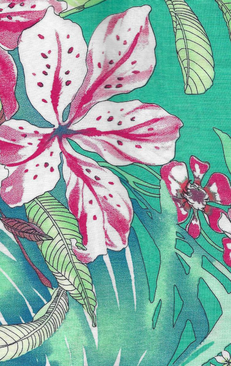 Baumwolle, in grün und blau mit pinkweissen Blumen als Rapport