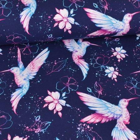 Jersey Kolibri, Tattoo, dunkelblau mit weiss, rosa, violett, türkisfarbigen Kolibri`s und Blumen