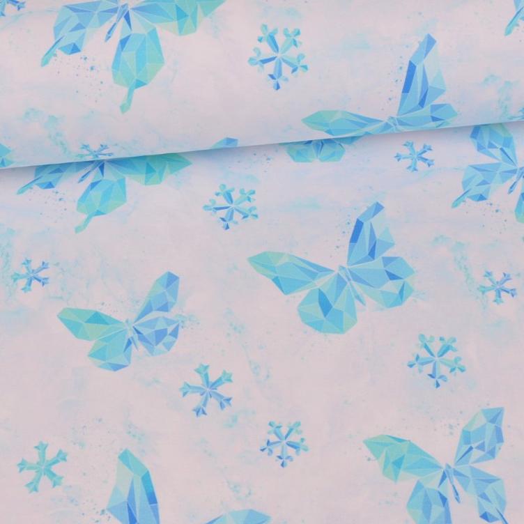 Sommer-Sweat, French Terry, Polygon Ice, Butterflies, weiss mit Hell, mittel- dunkelblauen Sujets, 92 % Baumwolle, 8 % Elasthan