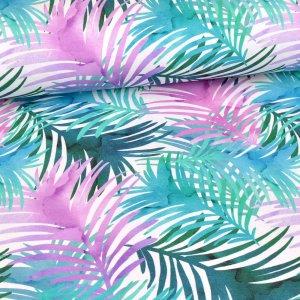 Jersey Bunte Palmblätter, weiss mit pink, violett, türiks, blau, grünen Blätter, 95 % Baumwolle, 5 % Elasthan, 100 Oeko Tex Standard 100