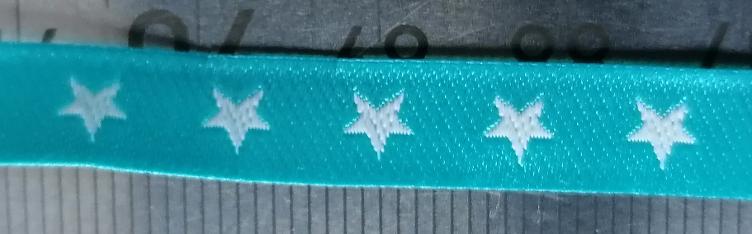 WEBBAND, STERNE, TÜRKIS/WEISS, 8MM BREIT, 100 % POLYESTER