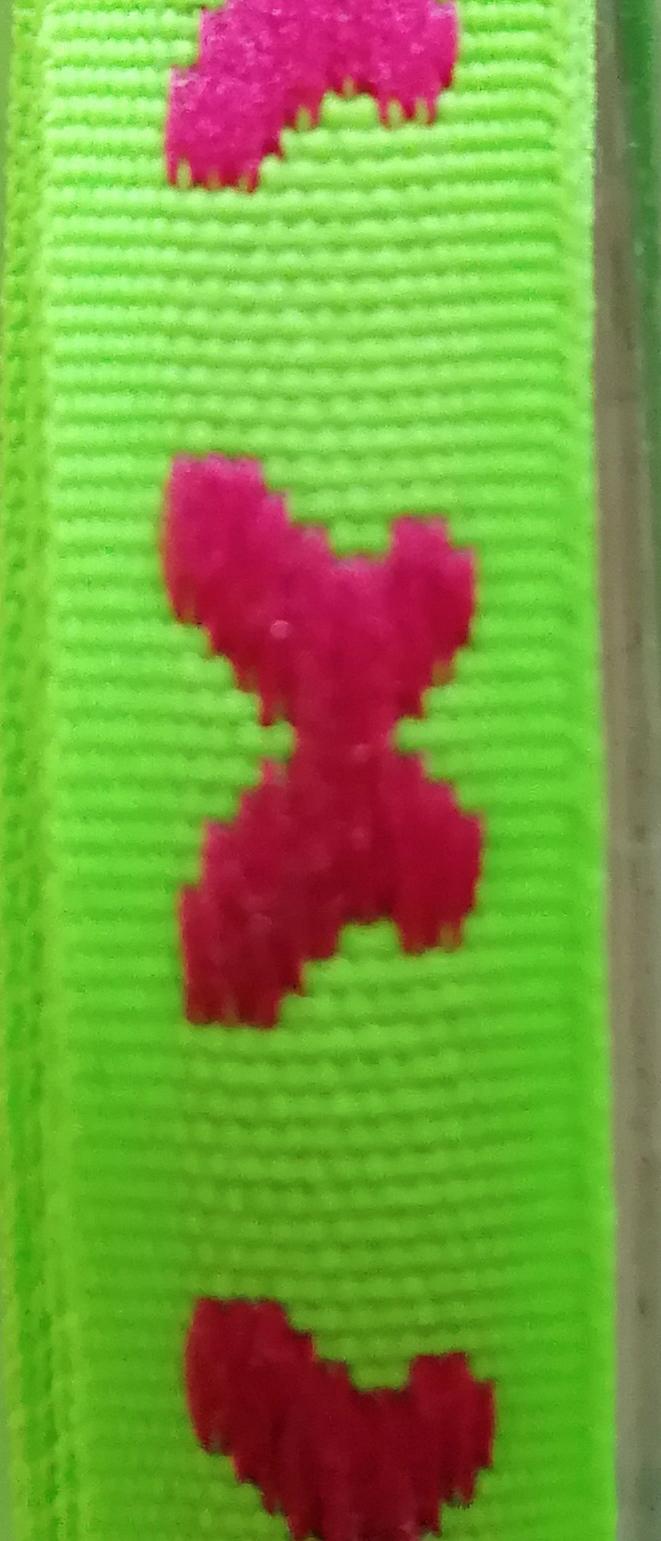 RISPENBAND, giftgrün mit dunkelpinkig gestickten Schmetterlingen, 10mm breit