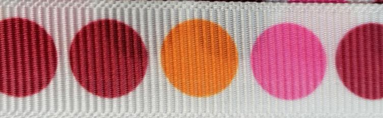 RISPENBAND, weiss, mit orange, pinken, roten, weinroten Punkten, 15mm breit